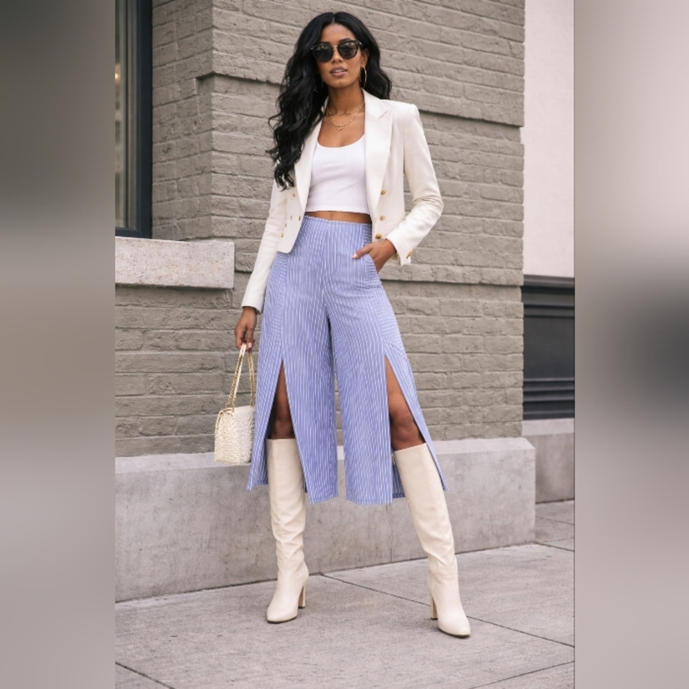 Women’s Blue & White Striped Wide-Leg Cropped Pants | Nautical Summer